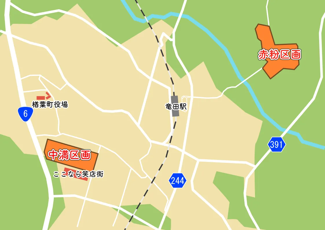 楢葉町内の地図。中満地区と赤粉地区の販売区画の位置を示す広域マップ